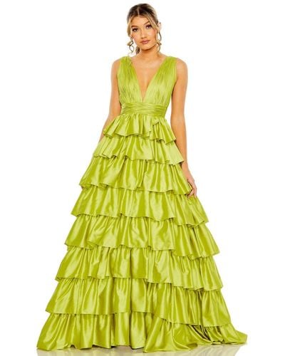 Mac Duggal Ruffle Tiered Pleated Sleeveless V Neck Gown - Yellow