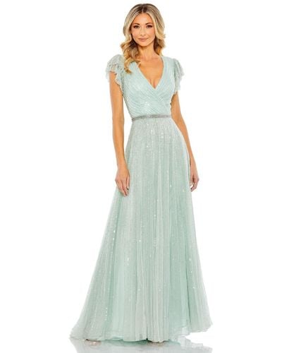 Mac Duggal Sequined Wrap Over Ruffled Cap Sleeve Gown - Green