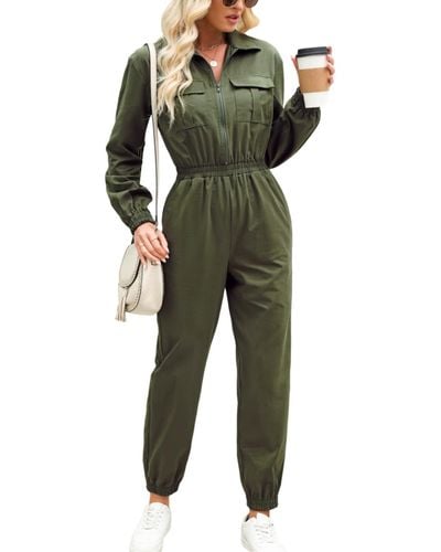 CUPSHE Olive Collared Long Sleeve Jumpsuit - Green