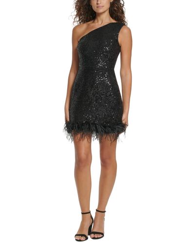 Eliza J Sequin One-shoulder Feather-trim Mini Dress - Black