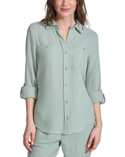 Calvin Klein Double-crepe Button-down Roll-tab-sleeve Shirt - Green