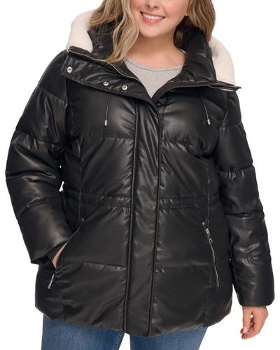 DKNY Plus Size Faux-leather Faux-shearling Hooded Anorak Puffer Coat - Black