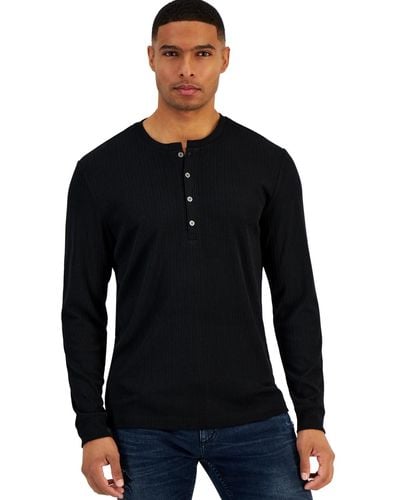 INC International Concepts Inc Lightweight Ribbed Henley Shirt - Black