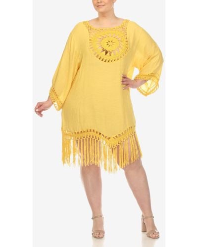 White Mark Plus Size Crocheted Fringed Trim Cover Up Dress - Yellow