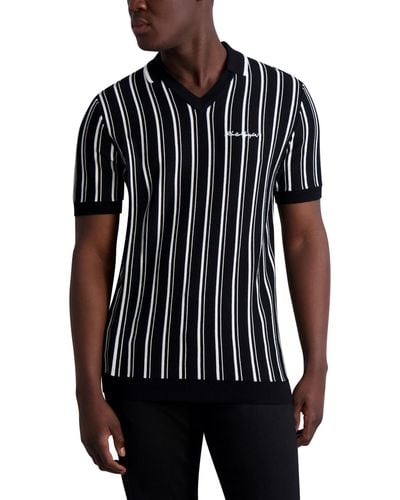 Karl Lagerfeld V-neck Striped Sweater Polo Shirt With Logo - Black