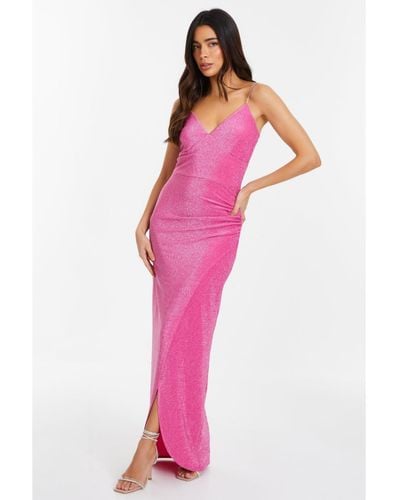 Quiz Lurex Wrap Diamante Strap Maxi Dress - Pink