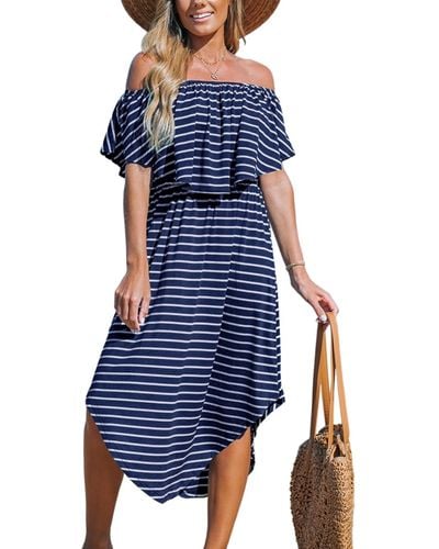 CUPSHE Navy-and- Stripe Off-shoulder Flounce Bodice Midi Beach Dress - Blue