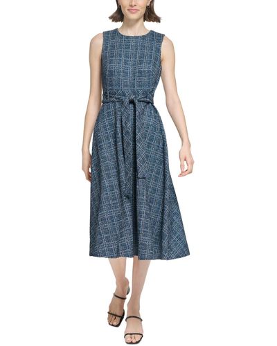 Calvin Klein Tweed Belted A-line Dress - Blue