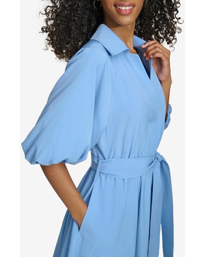 Calvin Klein Split-neck Puff-sleeve A-line Dress - Blue