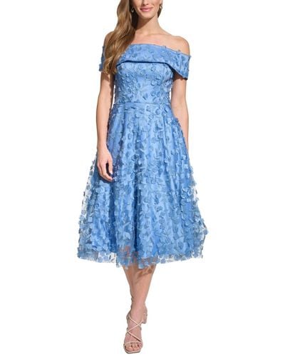 Eliza J Petite 3d Floating Flowers Off-the-shoulder Midi Dress - Blue