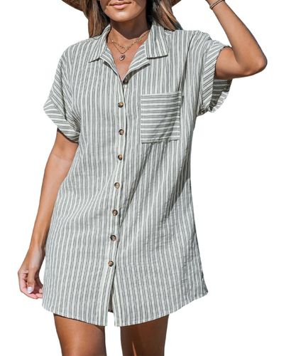 CUPSHE Striped Collared Button-up Mini Cover-up - Gray