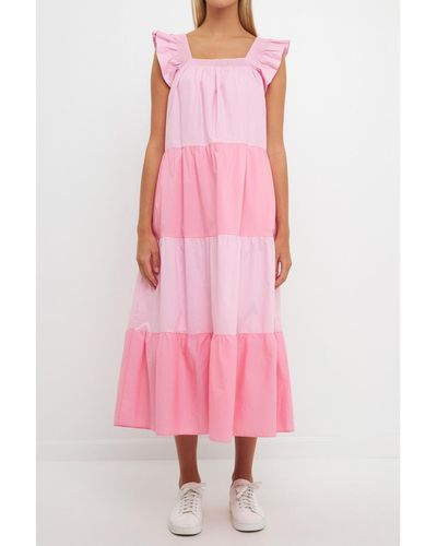English Factory Ruffle Detail Colorblock Midi Dress - Pink