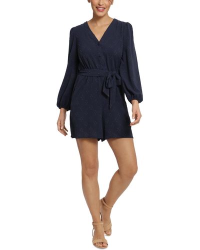 London Times Long-sleeve Button-front Romper - Blue