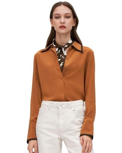 LILYSILK Contrast Piping Silk Willow Shirt - Brown