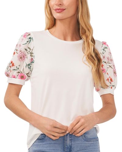 Cece Floral Mixed Media Short Puff Sleeve Knit Top - White
