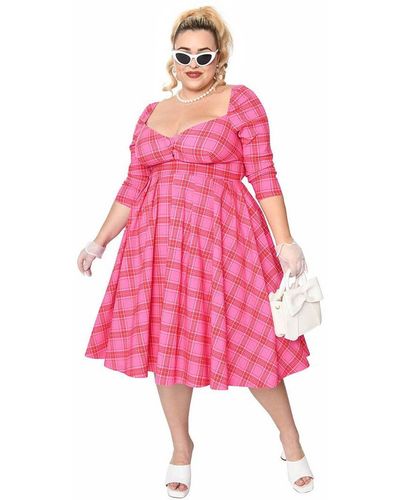 Unique Vintage Plus Size Woven Sweetheart Neckline Lamar Swing Dress - Pink