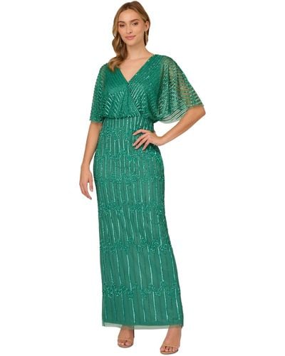 Adrianna Papell Petite Hand-beaded Flutter-sleeve Gown - Green