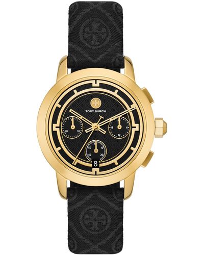 Tory Burch Tory Chronograph Watch, T Monogram Jacquard/ Leather/ Gold-tone Stainless Steel - Multicolor