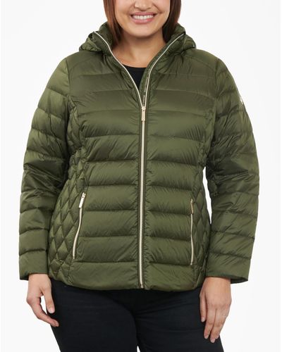 Michael Kors Plus Size Hooded Packable Down Puffer Coat - Green