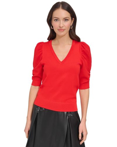 DKNY Puff-sleeve V-neck Sweater - Red