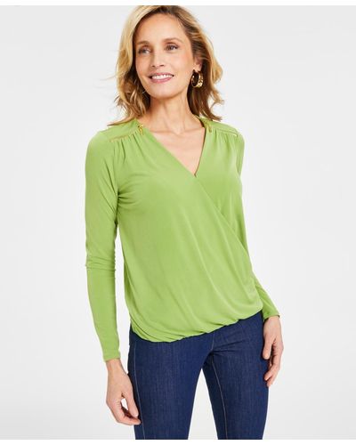 INC International Concepts Shoulder-zip Surplice-neck Top - Green