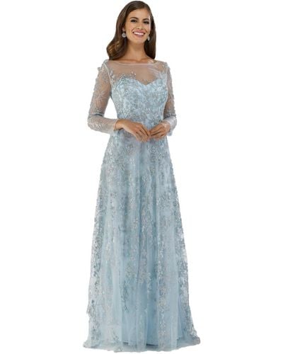 Lara Illusion Neckline A-line Long Sleeves Gown - Blue
