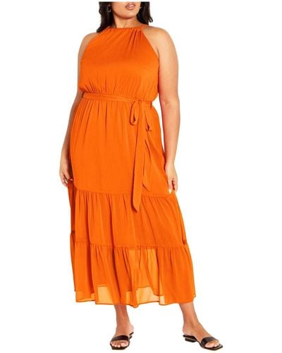 City Chic Plus Size Callie Tie Waist Tier Maxi Dress - Orange