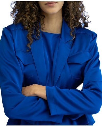 Adrienne Landau Crop Flap-pocket Long-sleeve Blazer - Blue