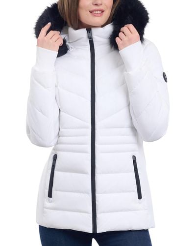Michael Kors Faux-fur-trim Hooded Puffer Coat, Created For Macy's - White