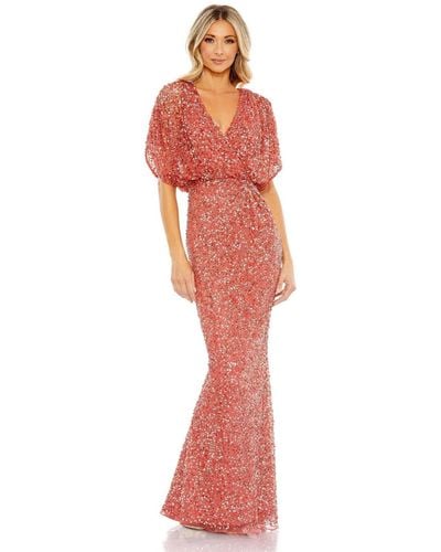 Mac Duggal Draped Sleeve V Neck Gown - Red