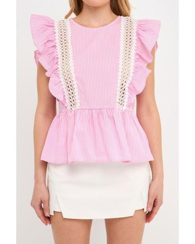English Factory Poplin Ruffle With Lace Trim Top - Pink