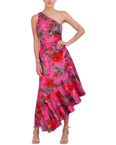 Eliza J Petite Floral Satin Asymmetric-hem Midi Dress - Red