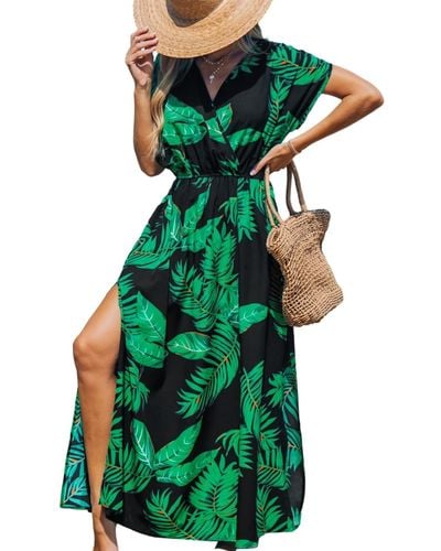 CUPSHE Tropical Leaf Short Sleeve Split Maxi Beach Dress - Green