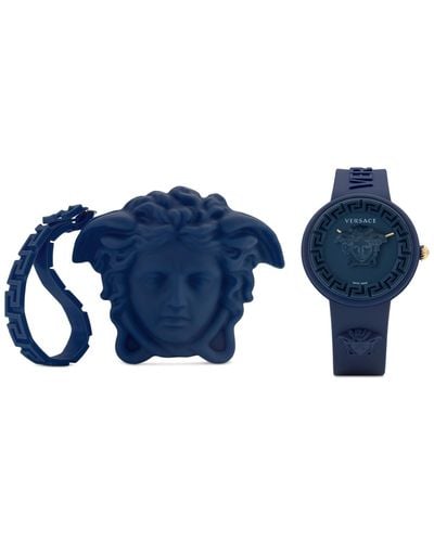 Versace Swiss Medusa Pop Blue Silicone Strap Watch 39mm Set