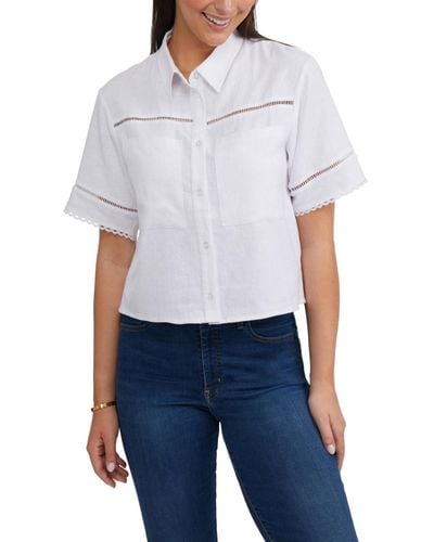 Ellen Tracy Linen Crop Camp Shirt - White