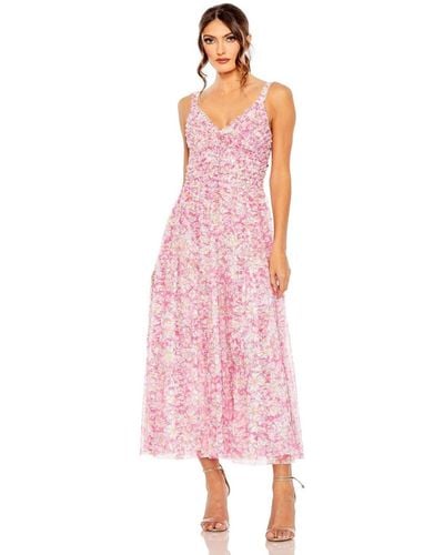 Mac Duggal Mesh V-neck Floral Print Dress - Pink