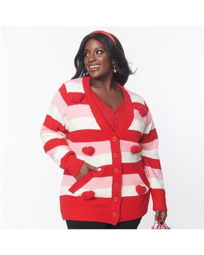 Unique Vintage Plus Size Pink & Red Striped Crochet Hearts Cardigan