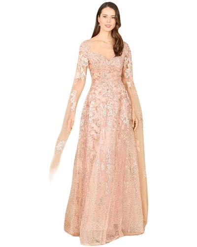 Lara Long Bell Sleeve Boat-neck Beaded Gown - Pink