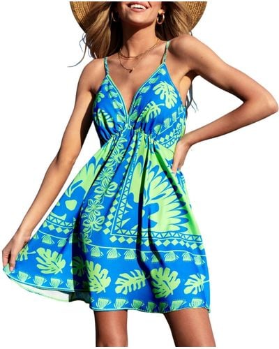CUPSHE Blue-and-green Tropical Sweetheart Mini Beach Dress