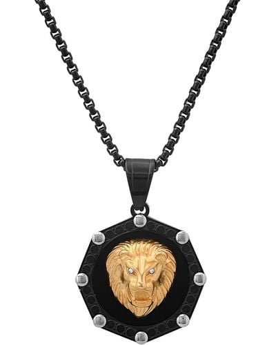 Steeltime Two-tone Stainless Steel Simulated Diamond Lion Head Greek Accent 24" Pendant Necklace - Metallic
