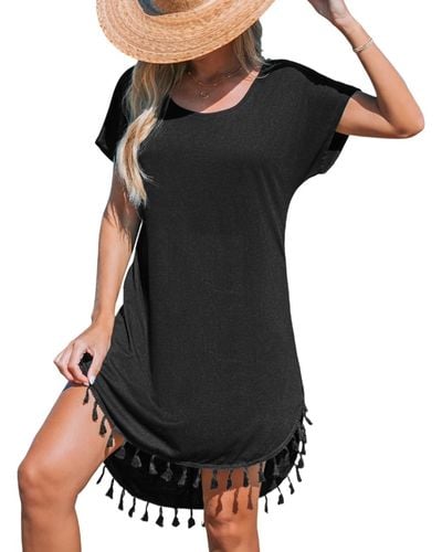 CUPSHE Round Neck Short Sleeve Tassel Hem Mini Beach Dress - Black