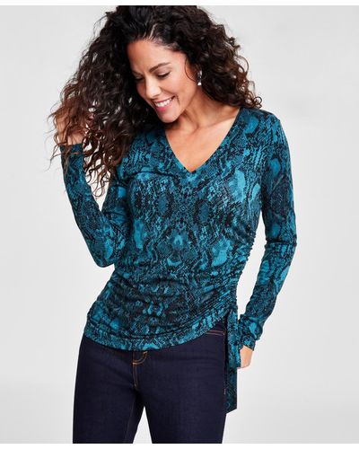 INC International Concepts Plus Size Snake-print Ruched Top - Blue