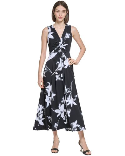 Calvin Klein V-neck Jersey A-line Sleeveless Dress - White
