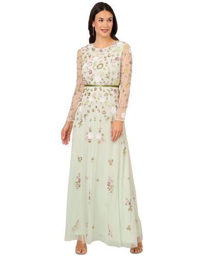 Adrianna Papell Sheer-sleeve Floral Beaded Gown - White