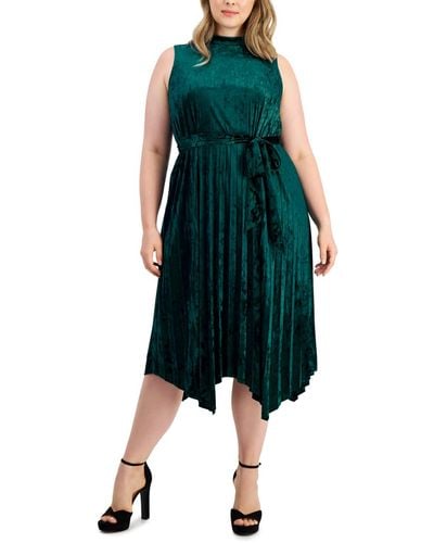 Tahari Asl Plus Size Pleated-skirt Crushed Velvet Midi Dress - Green