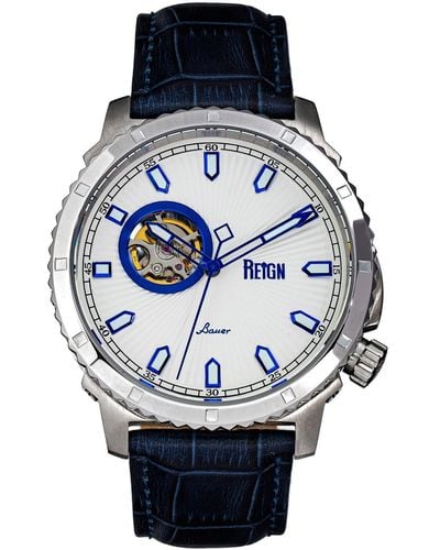 Reign Bauer Automatic Semi Skeleton Black Or Blue Or Brown Genuine Leather Band Watch