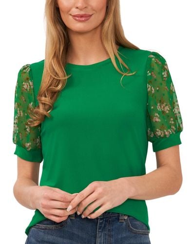 Cece Mixed Media Puff Sleeve Bouquet Knit Top - Green