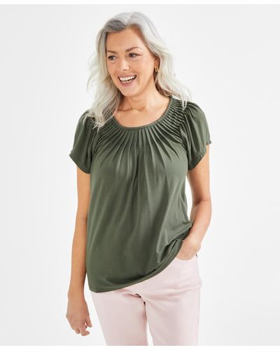 Style & Co. Pleated-neck Short-sleeve Top - Green