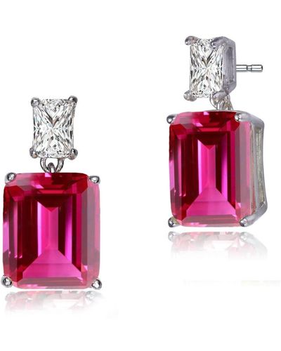 Genevive Jewelry Sterling Silver White Gold Plated Clear And Colo Cubic Zirconia Two-stone Drop Earrings - Pink