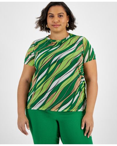 BarIII Plus Size Abstract-print Mesh Short-sleeve Top - Green